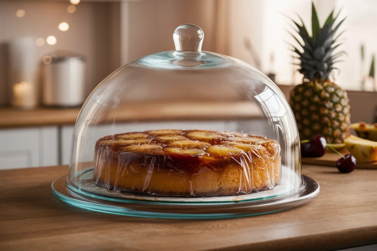 Pineapple upside-down cake stored under a glass dome on a wooden kitchen counter with fresh pineapples and cherries.