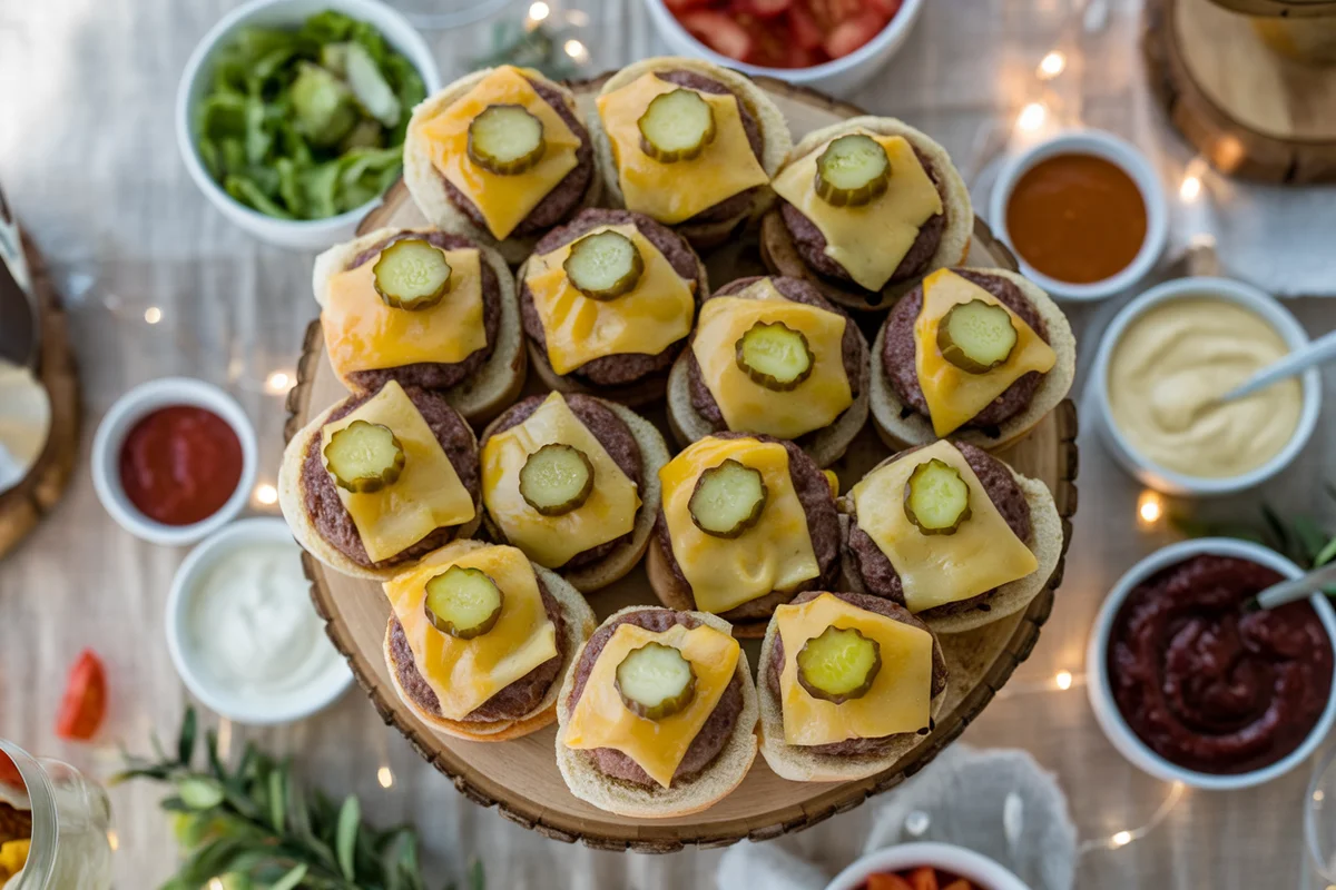 Overhead view of a party table with burger sliders arranged on a wooden platter, surrounded by toppings and sauces.