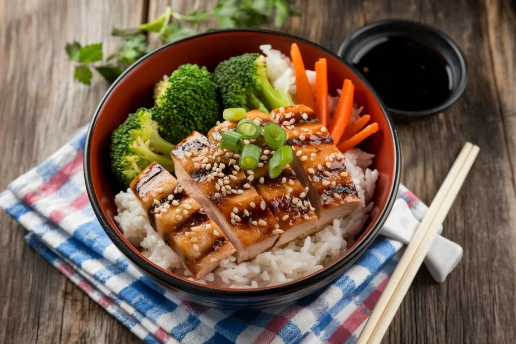 Teriyaki bowl with grilled chicken, vegetables, and rice, garnished with sesame seeds and green onions.