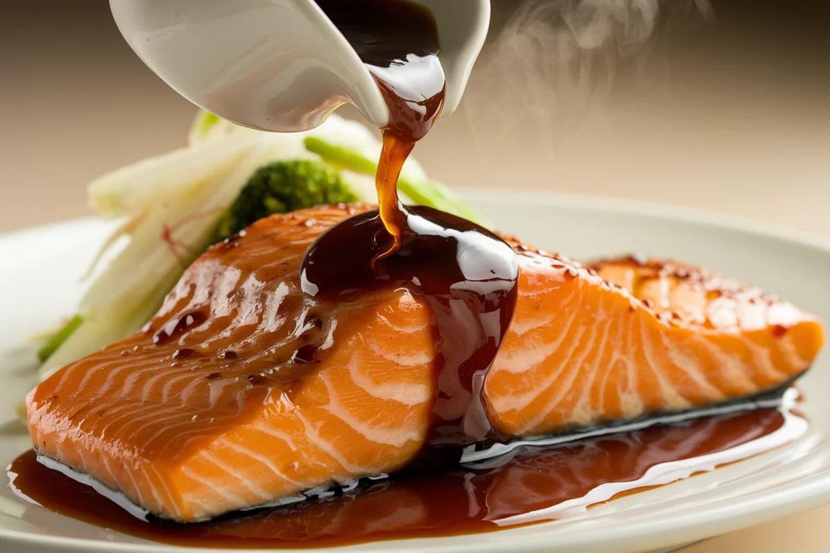 Traditional Teriyaki sauce being poured over grilled salmon.