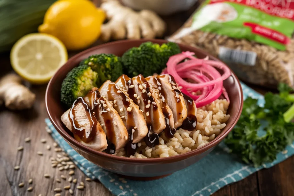 Healthy teriyaki chicken bowl with grilled chicken, broccoli, brown rice, and pickled red onions.