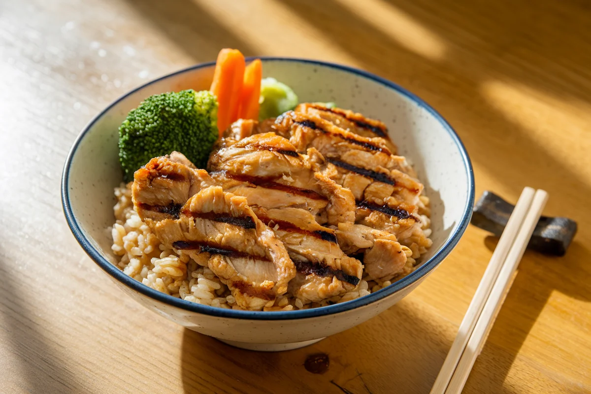 Bowl of teriyaki chicken with brown rice, broccoli, and carrots.