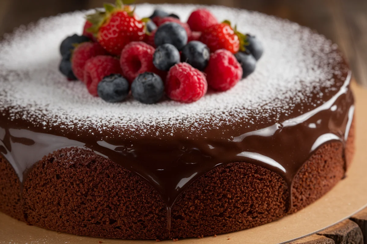 Rich and Moist Chocolate Cake Topped with Powdered Sugar and Berries