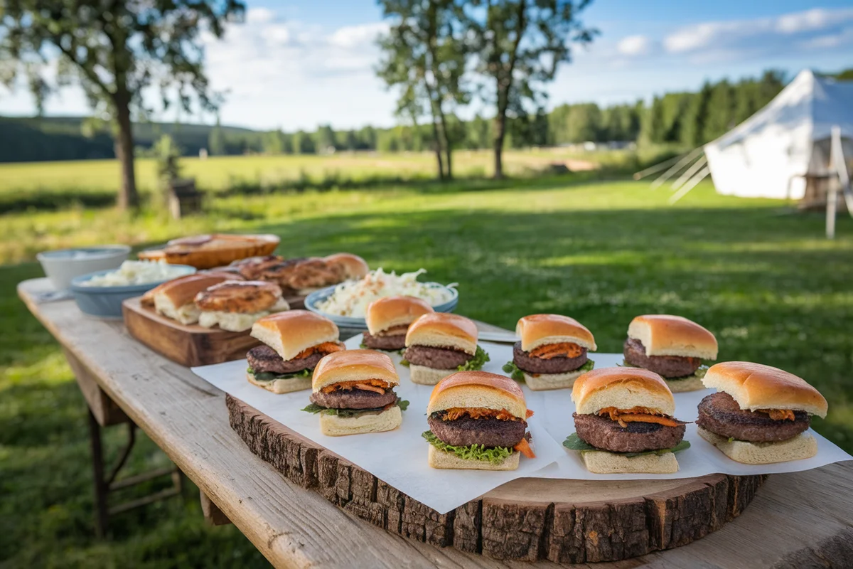 Top-down view of a rustic table with beef sliders ready for a barbecue gathering.