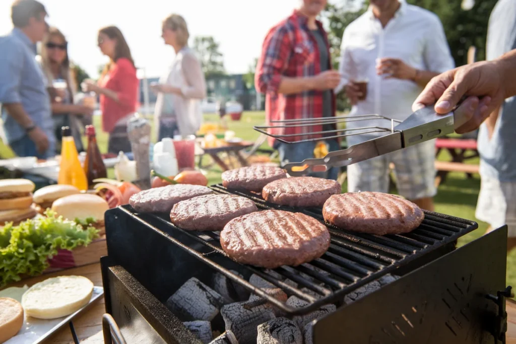 BBQ cookout with burgers grilling and guests enjoying the event.