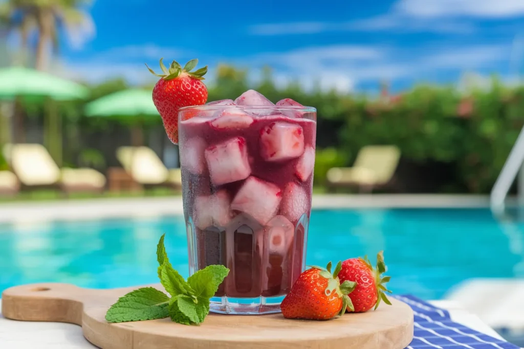 A refreshing strawberry acai drink with ice cubes and fresh strawberries.