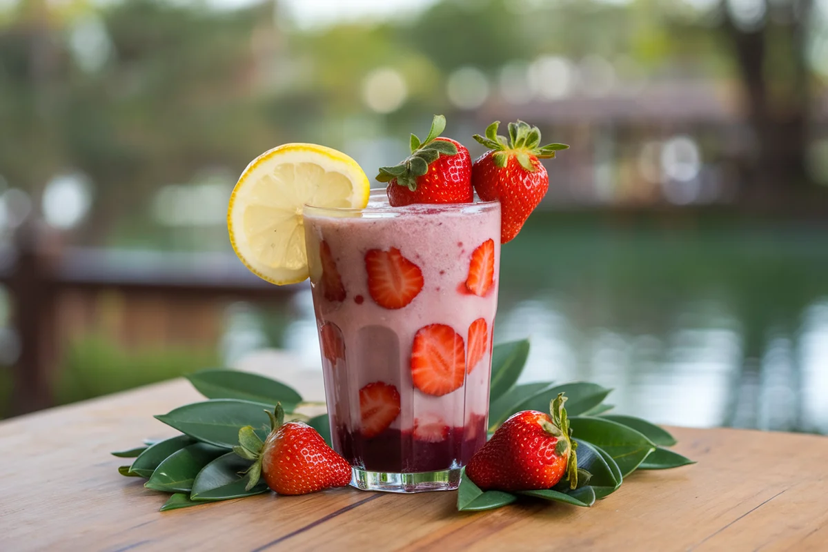 A glass of healthy strawberry acai drink with fresh strawberries and lemon.