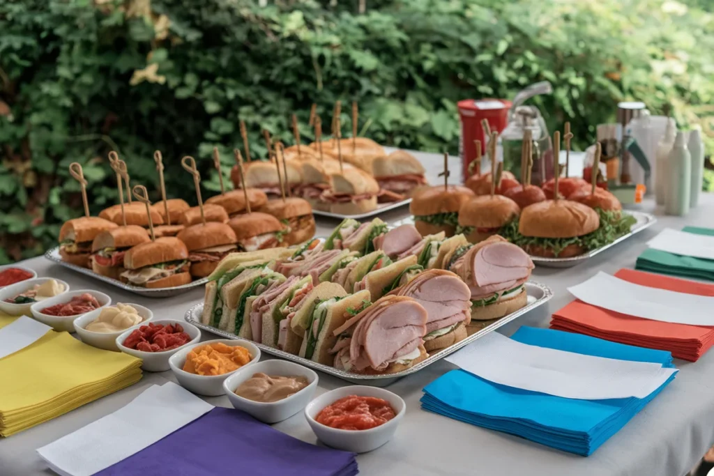 Outdoor table with trays of sandwiches for a casual gathering, featuring turkey, ham, and vegetarian options.