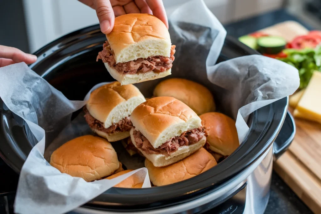 Sliders being placed into a crockpot lined with parchment paper.