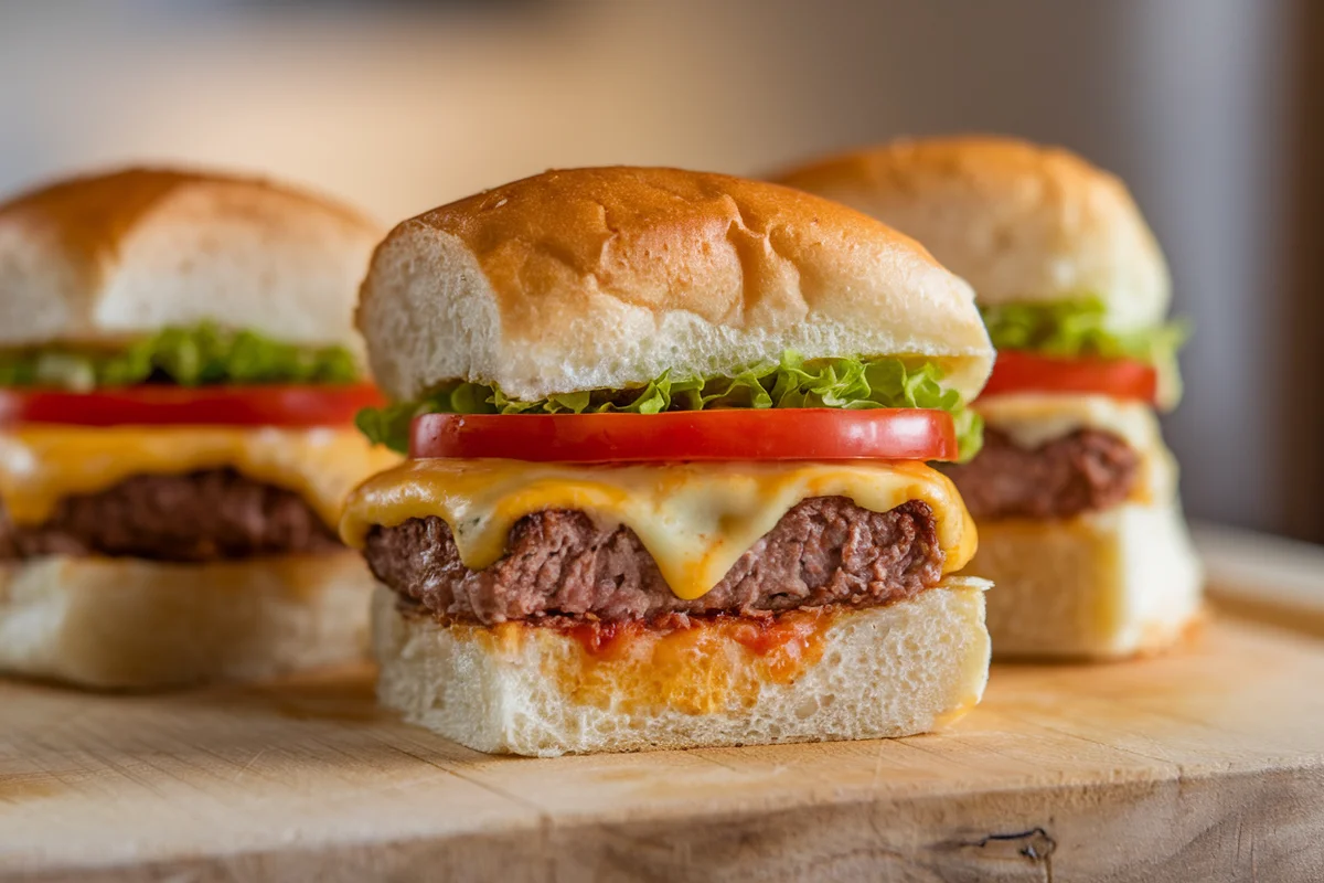 A crispy slider with a golden toasted bun, lettuce, meat patty, melted cheese, and tomato.