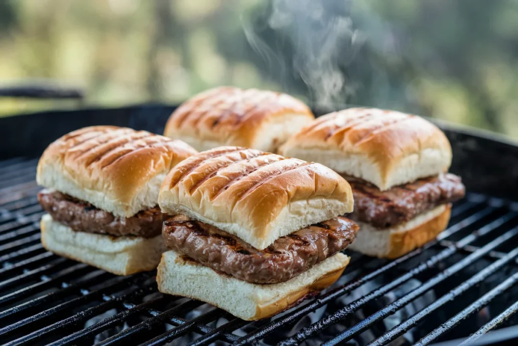 Juicy sliders cooking on a grill with steam rising.