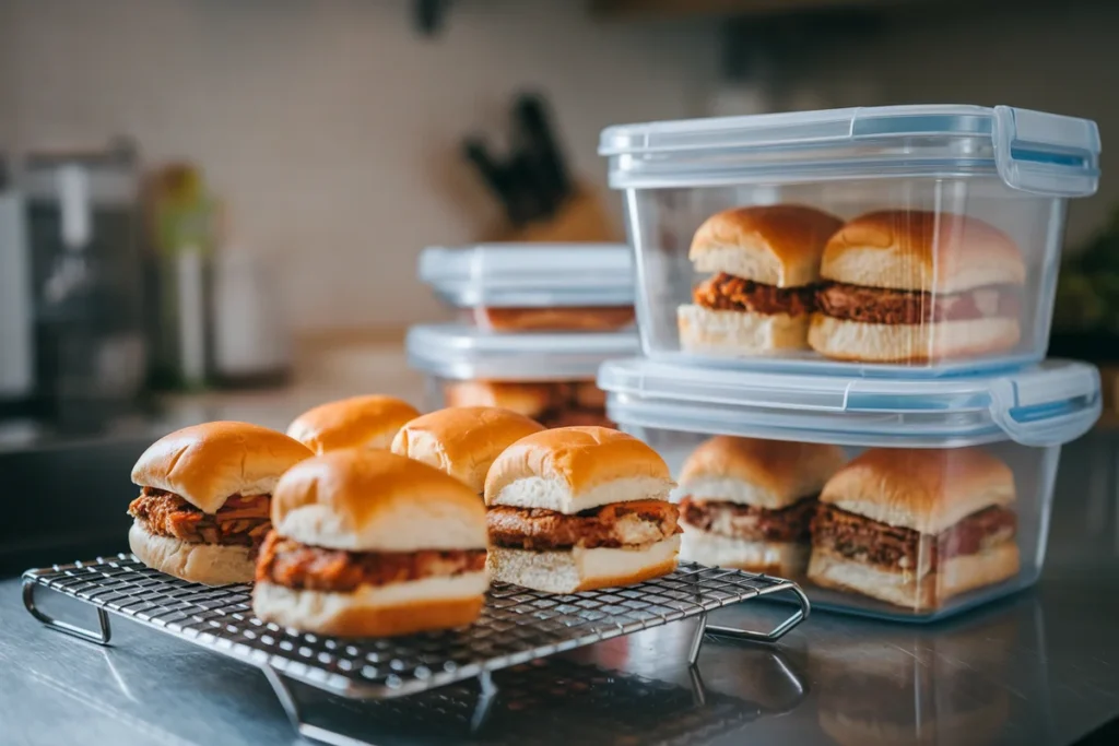 Cooked sliders being placed into airtight containers for storage on a kitchen counter.