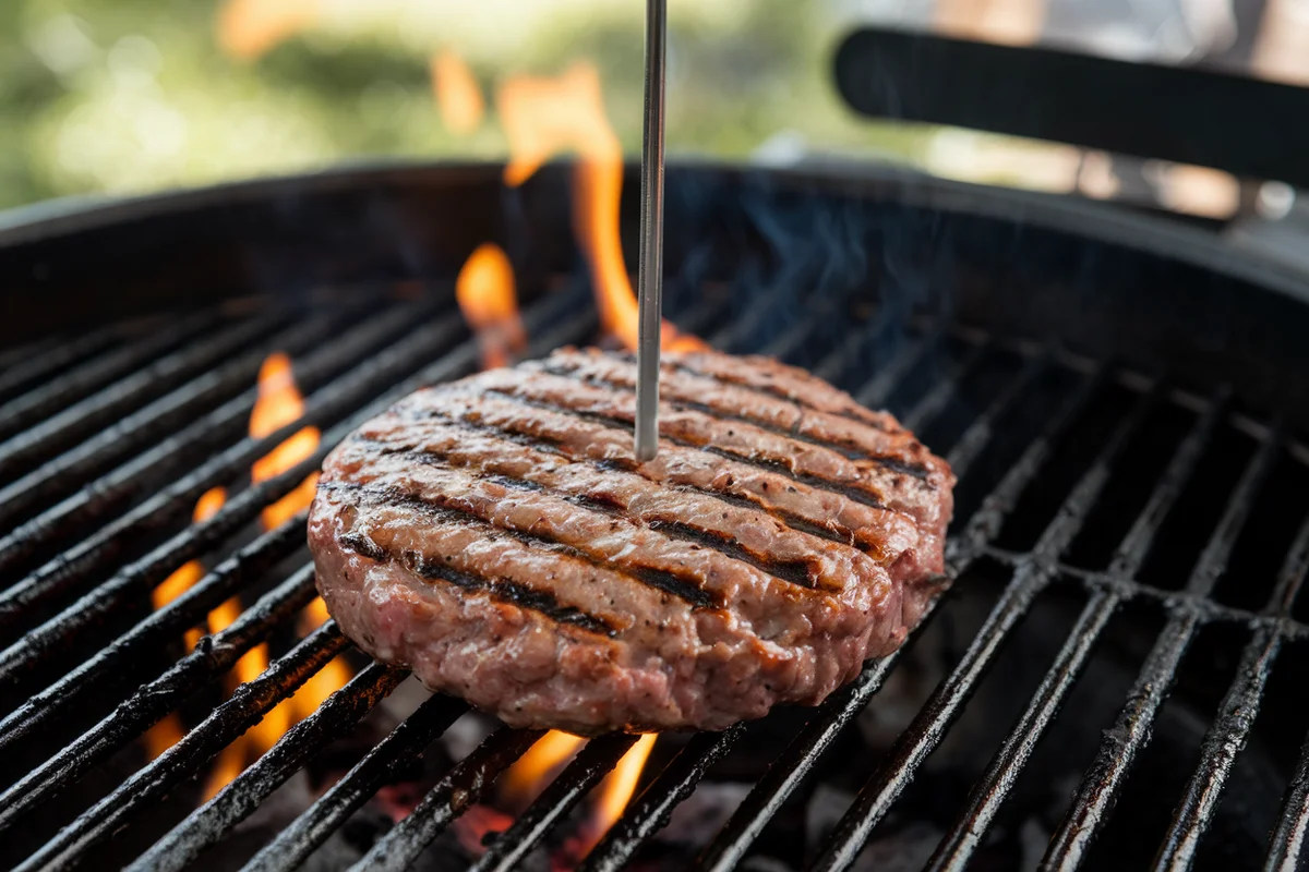 Meat thermometer inserted into a hamburger patty on a grill.