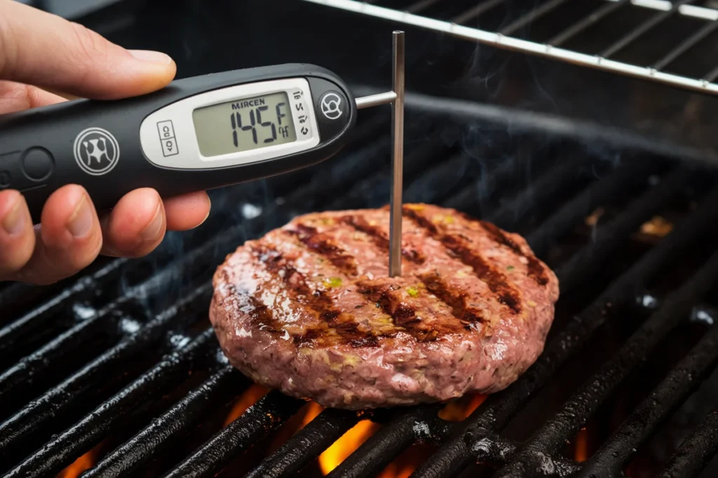 Comparison of overcooked and undercooked burger patties on a wooden cutting board.