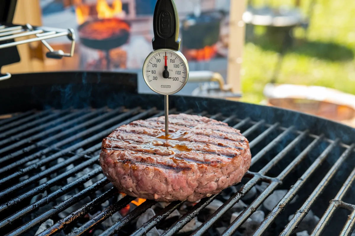 Close-up of a burger on a grill with a meat thermometer showing 150 degrees Fahrenheit.