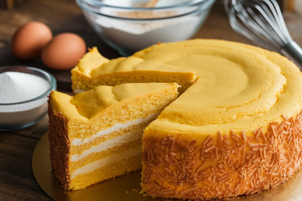 A moist yellow cake sliced to show its soft, tender crumb, with baking ingredients in the background.