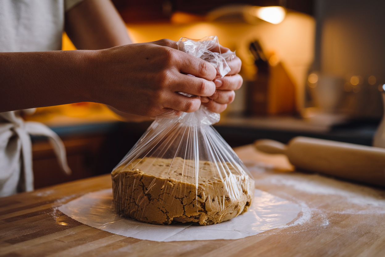 Person wrapping cookie dough in plastic wrap on a wooden countertop.