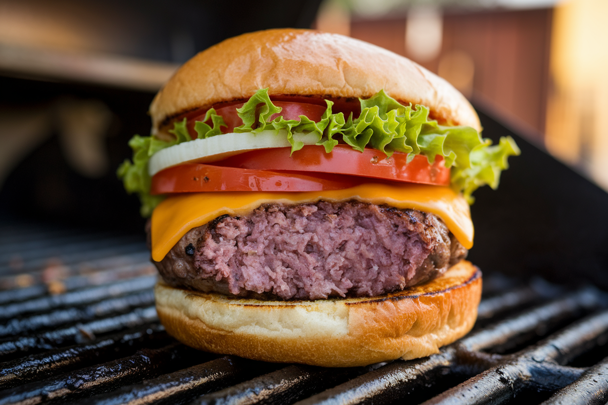 Close-up of a medium hamburger on a grill with a slightly pink center, topped with lettuce, tomato, and cheese.