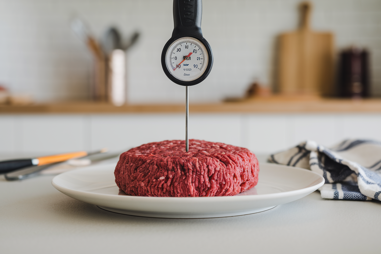 Ground beef patty with a thermometer showing 160°F.