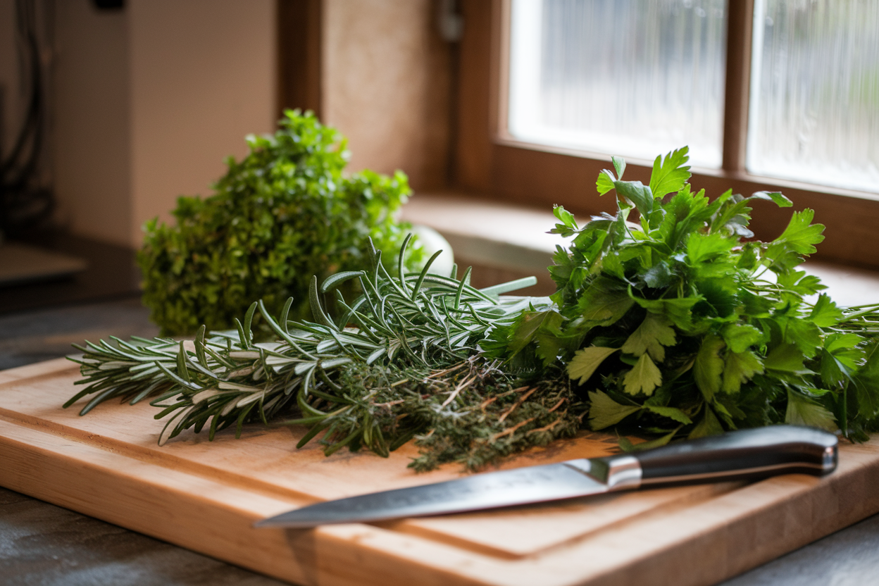 Parsley, rosemary, and thyme growing in terracotta pots in a small herb garden.