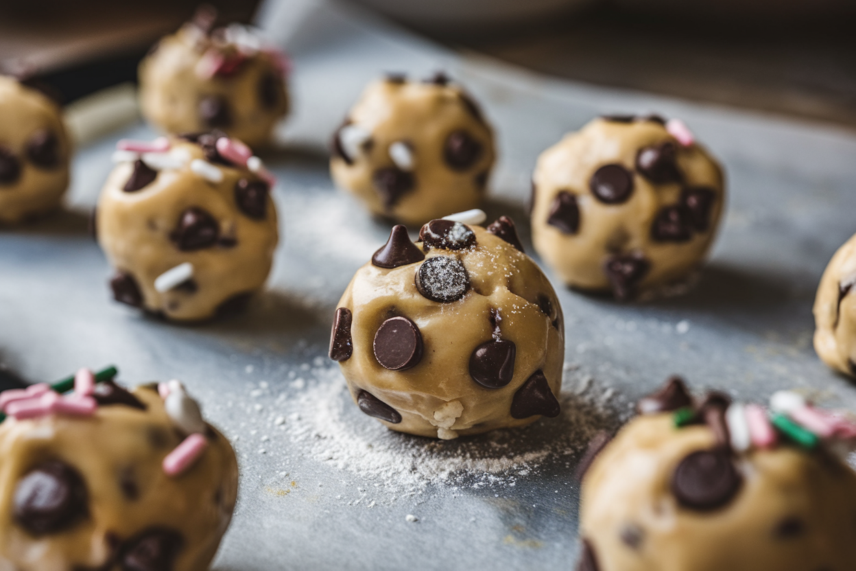 Close-up of homemade cookie dough bites on a baking sheet with chocolate chips and sprinkles.