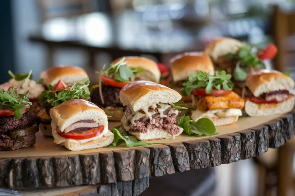 Assorted Sliders with Various Fillings on a Wooden Board