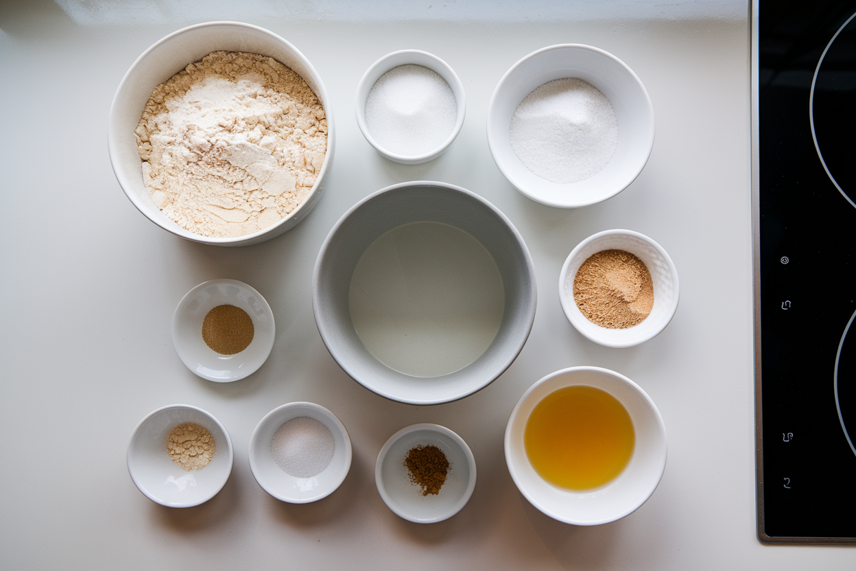 Gluten-free cake mix ingredients including rice flour, sugar, cornstarch, and xanthan gum on a kitchen countertop.