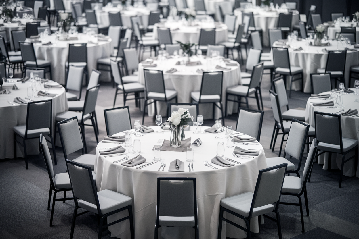 Formal dinner setup with round tables for 50 guests.