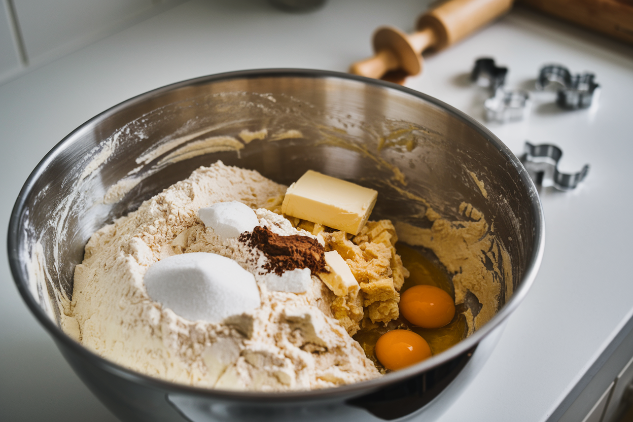 Mixing cookie dough ingredients in a large bowl with a wooden spoon.