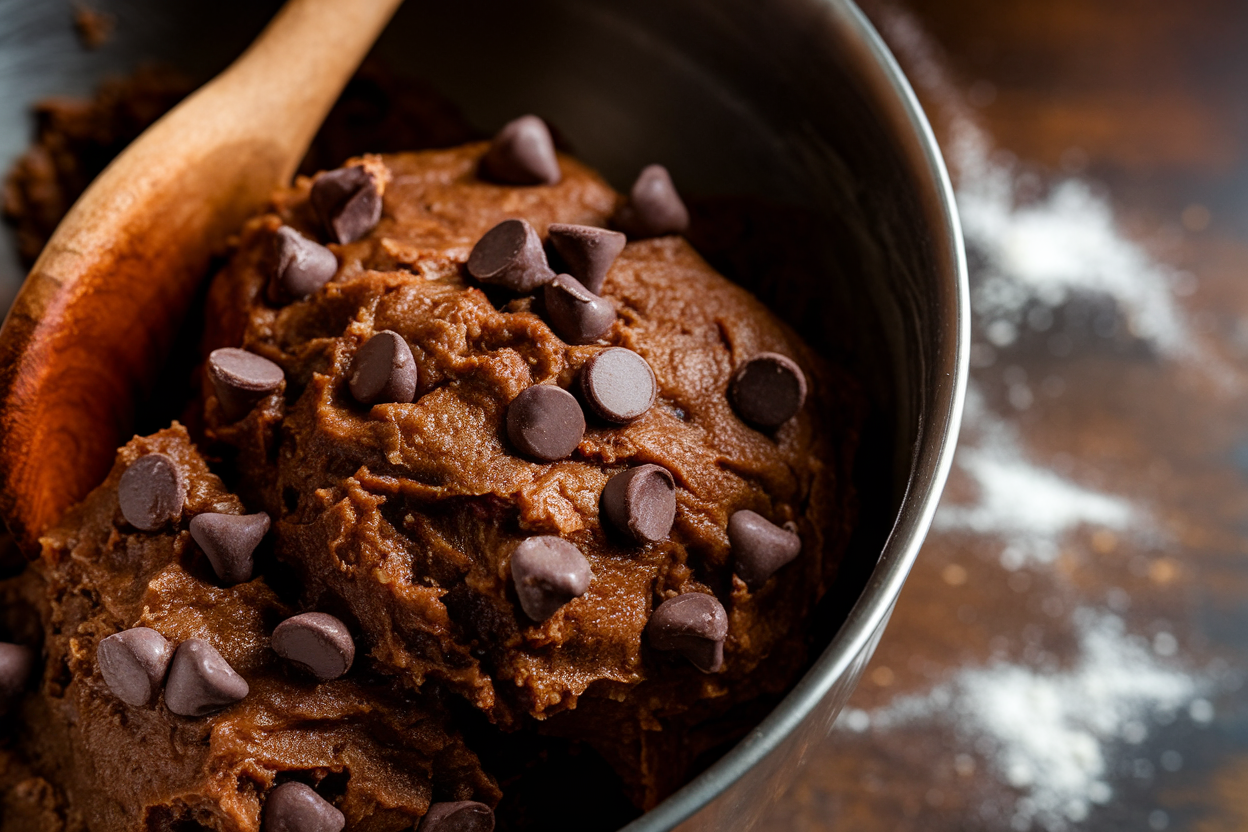 Close-up of cookie dough with chocolate chips in a mixing bowl.