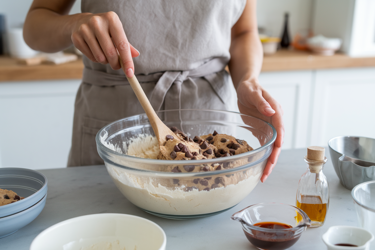 Person mixing ingredients in a bowl to make edible cookie dough.