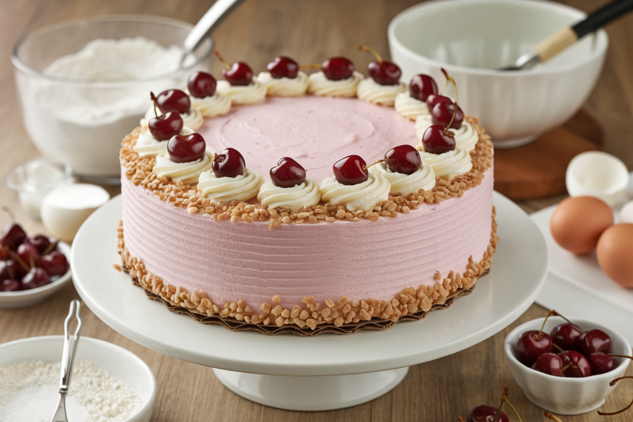 Freshly baked Betty Crocker Cherry Chip Cake with cream cheese frosting on a kitchen countertop.