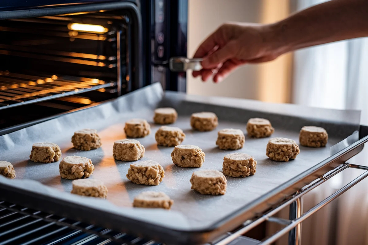 Cookie dough balls on a baking sheet, ready to be baked.