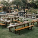 Casual outdoor buffet setup with tables for 50 guests.