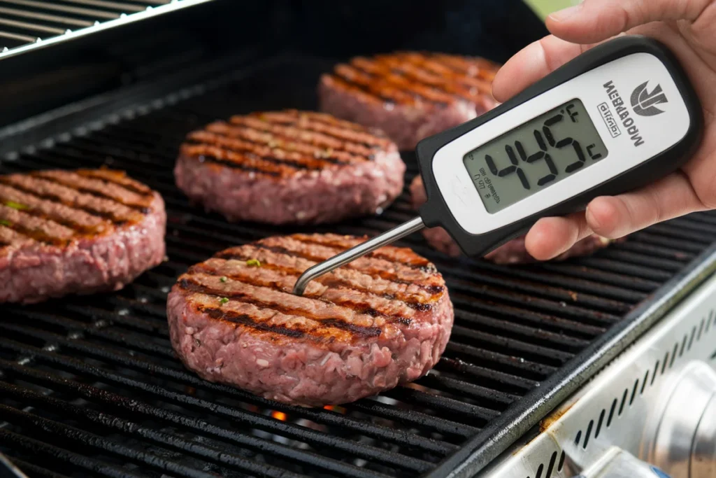 Meat thermometer showing 145°F in a medium hamburger patty on a grill.