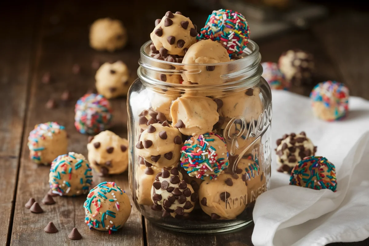 A jar overflowing with various flavors of cookie dough bites, including chocolate chip and peanut butter.