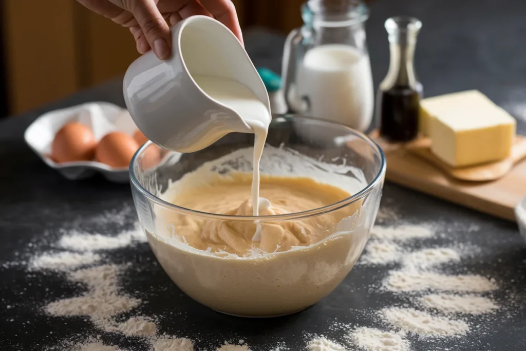 Adding Milk to Cake Batter in a Mixing Bowl