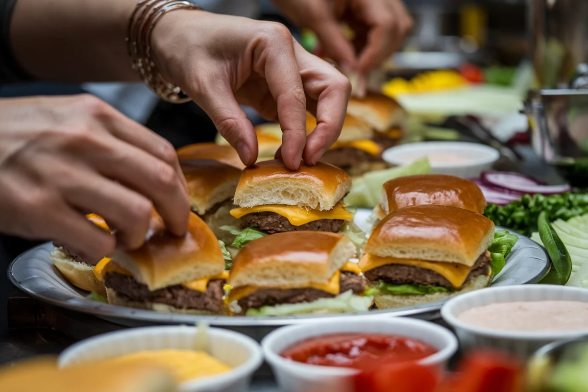 Hands assembling sliders with buns, patties, and toppings