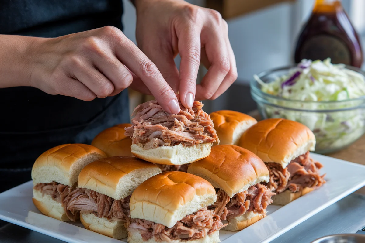 Close-up of hands assembling pulled pork sliders with coleslaw and barbecue sauce.