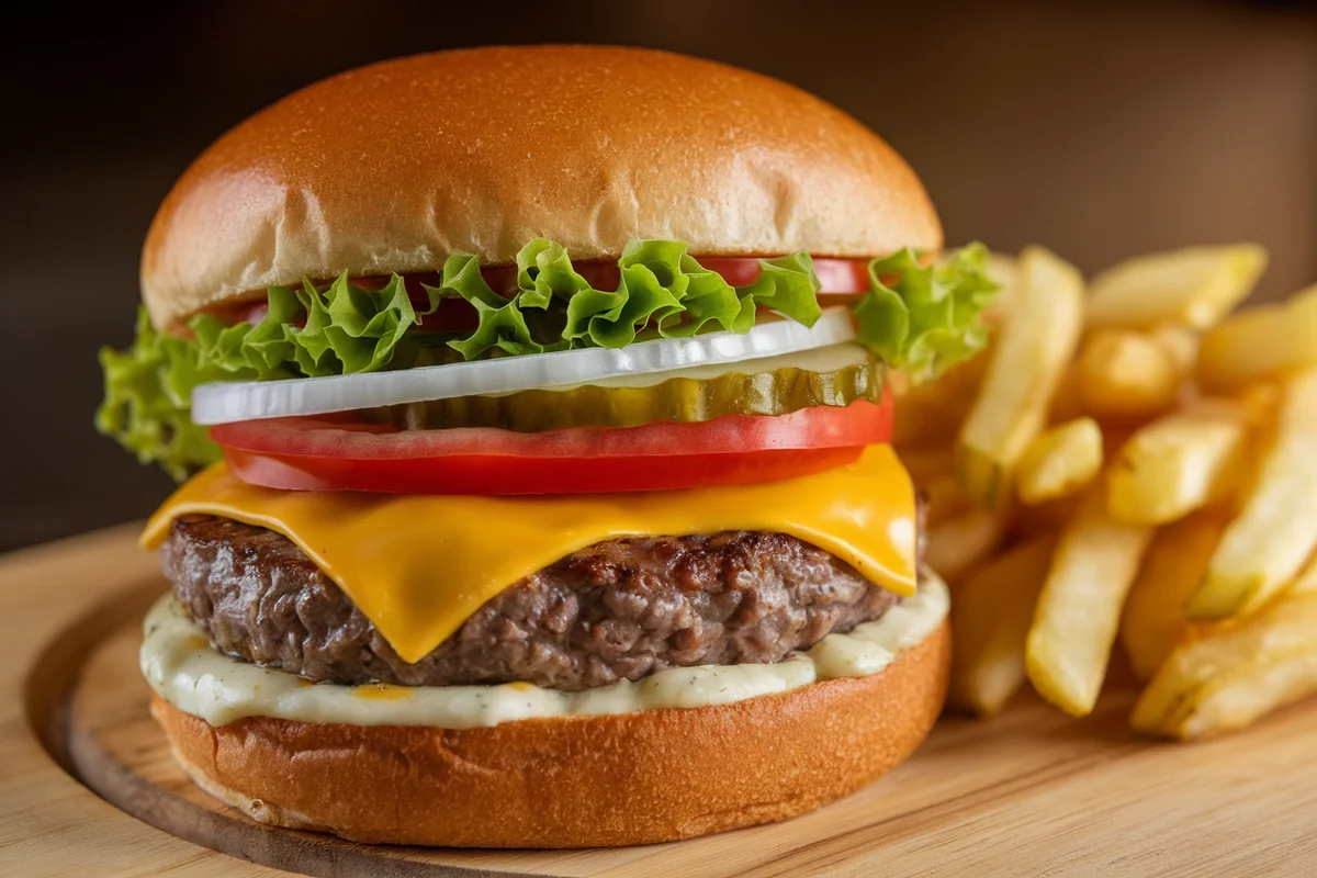 Close-up of a perfectly assembled burger with fresh toppings.