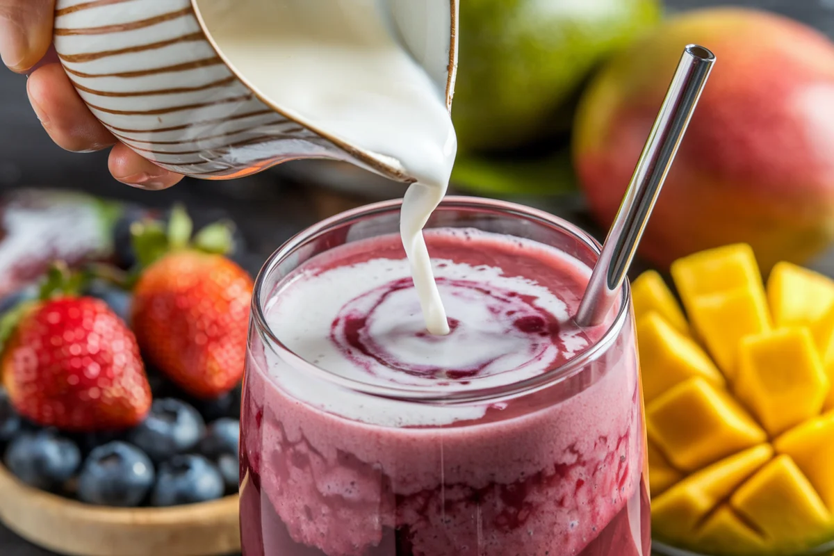 Hand pouring coconut milk into a berry-flavored drink.