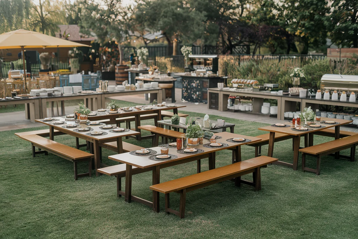 Casual outdoor buffet setup with tables for 50 guests.