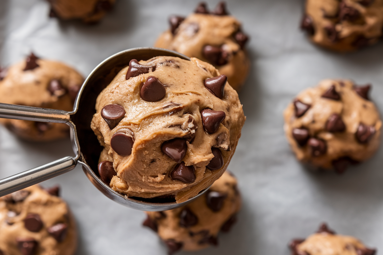 Chocolate chip cookie dough being scooped onto a baking sheet.