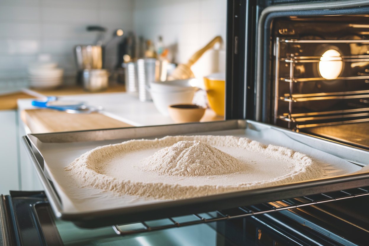 Baking sheet with flour being prepared for heat treatment in the oven.