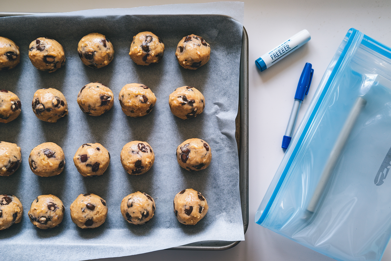 Cookie dough balls on a baking sheet ready for freezing.