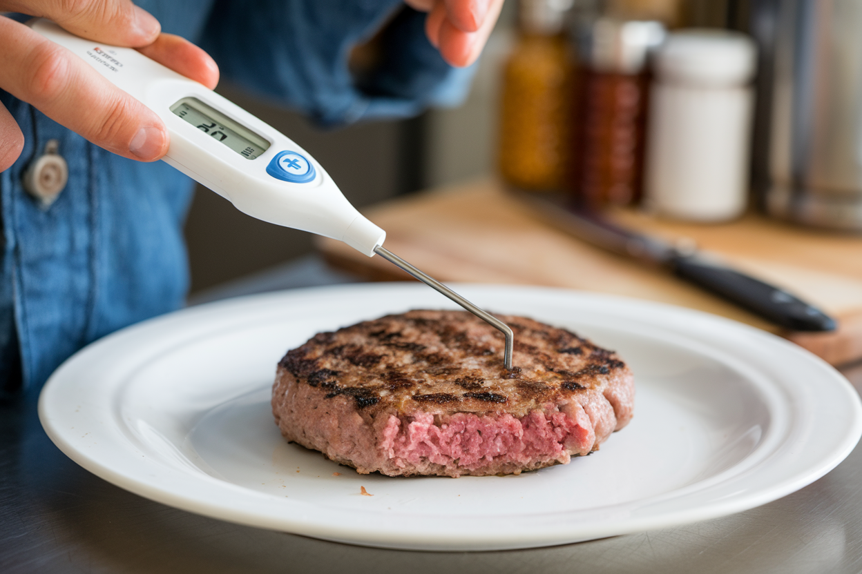 Person checking the temperature of a hamburger patty with a meat thermometer.