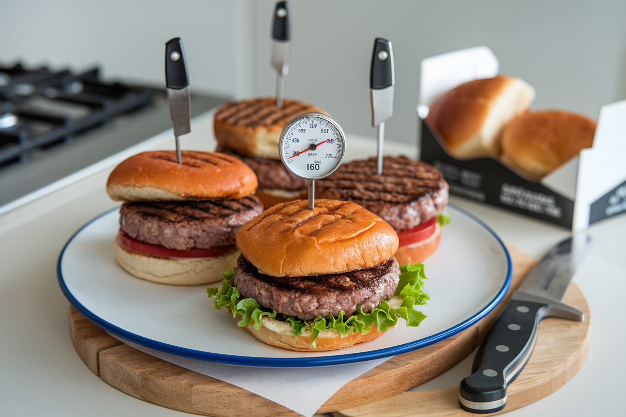 Plate of grilled burgers with meat thermometers showing different temperatures, including 160 degrees Fahrenheit.