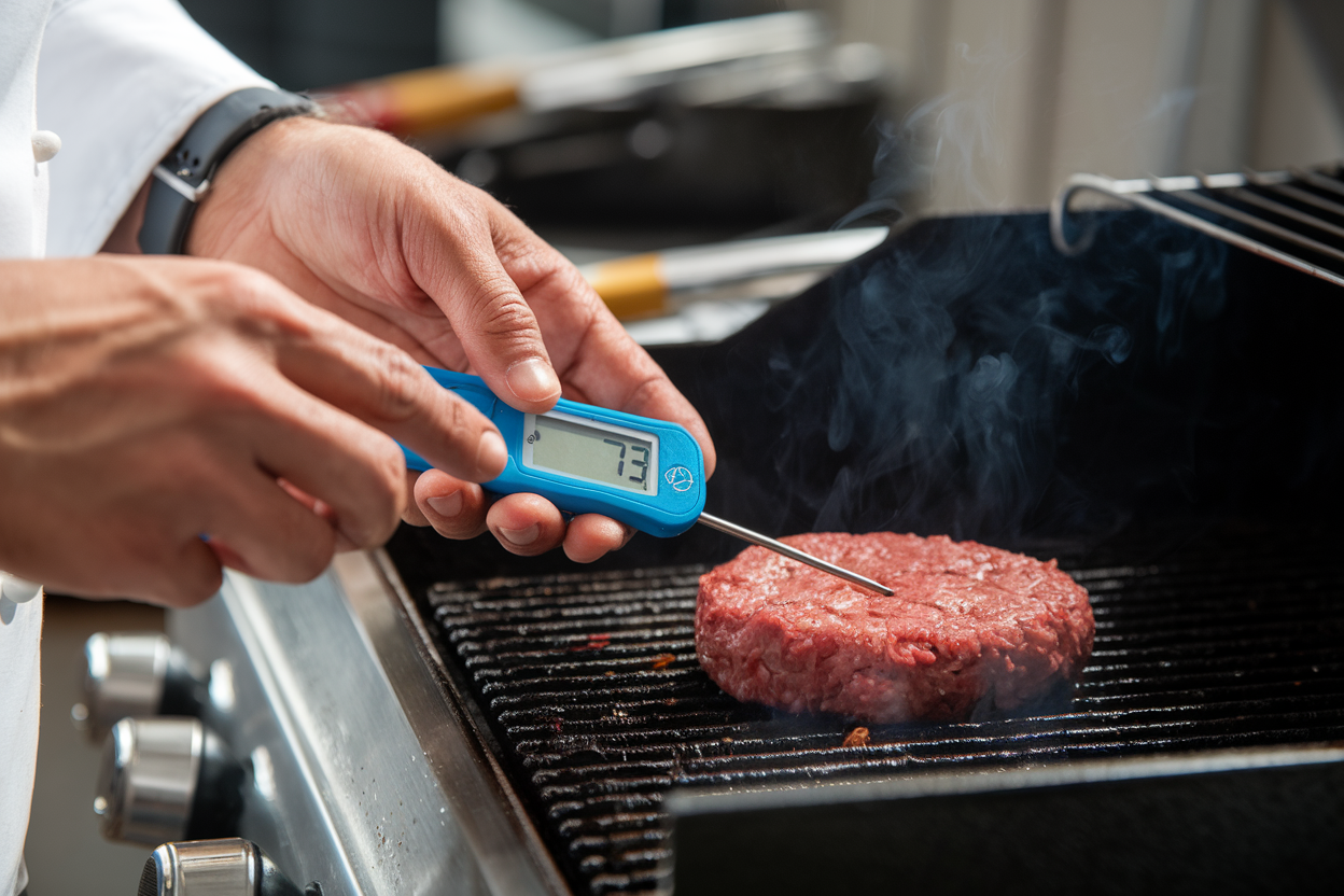 Chef checking ground beef temperature on a grill with a digital thermometer.