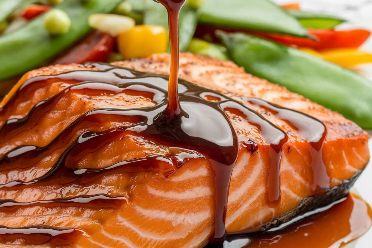 Teriyaki sauce being drizzled over grilled salmon with stir-fried vegetables.