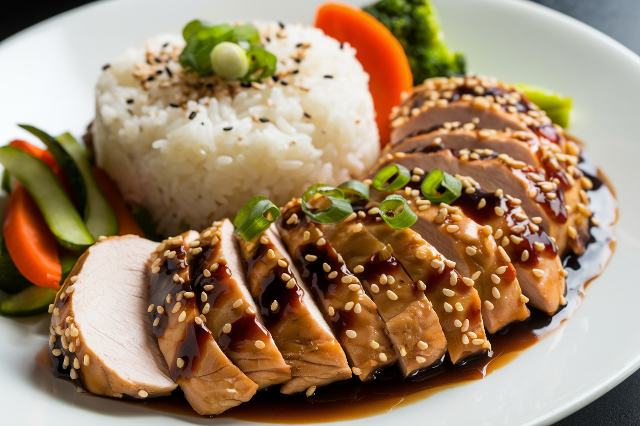 Chicken Teriyaki served with steamed rice and vegetables.